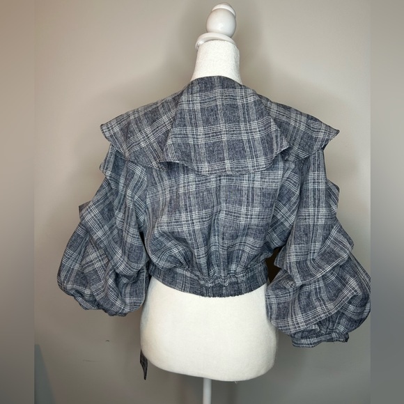 Cqbycq plaid puff shoulder wrap top Size Medium blouse - Picture 3 of 10